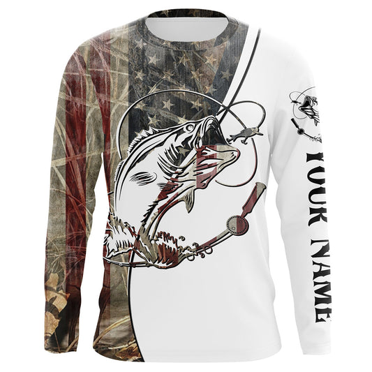 Maxcorners Largemouth Bass Fishing American USA Flag Camo Custom name full printing shirt | Long Sleeve LM0201