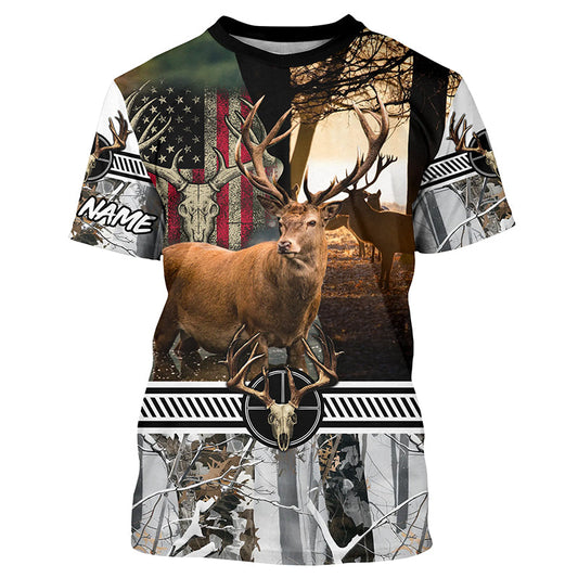 Maxcorners Red Deer stag hunting American flag winter camo custom name Shirt for Hunter, Deer hunting gift LM2608
