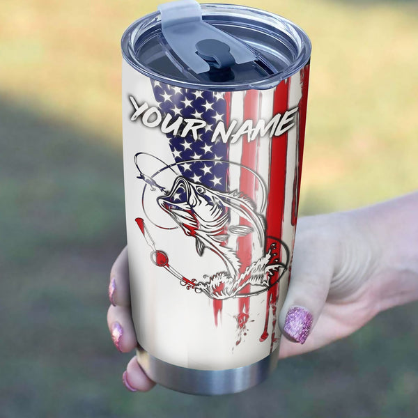 Maxcorners American Flag Largemouth Bass fishing Stainless Steel Fishing Tumbler Customize Name