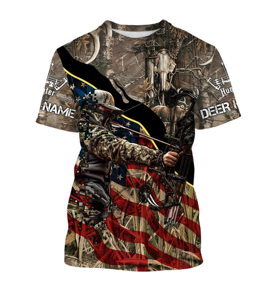 Maxcorners Custom Name Archery Bow Hunting American Flag Deer Shirt 3D All Over Printed Clothes