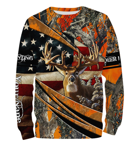 Maxcorners Custom Name Personalized White-tailed Deer Hunting American Flag Orange Camo Shirt 3D All Over Printed Clothes