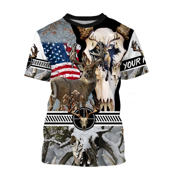 Maxcorners Custom Name Deer Skull Hunting American Flag Camo 3D All Over Printed Clothes