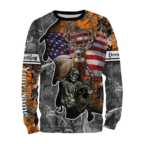 Maxcorners Deer Hunting American Flag Grim Reaper Custom Name Shirt 3D All Over Printed Clothes