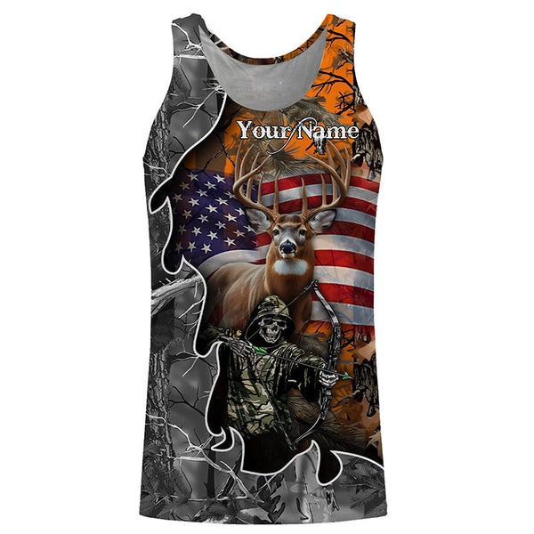 Maxcorners Deer Hunting American Flag Grim Reaper Custom Name Shirt 3D All Over Printed Clothes