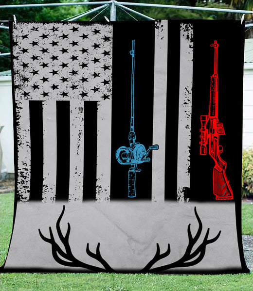 Maxcorners Fishing rod hunting rifle American flag Fleece blanket Hunting Fishing gift ideas