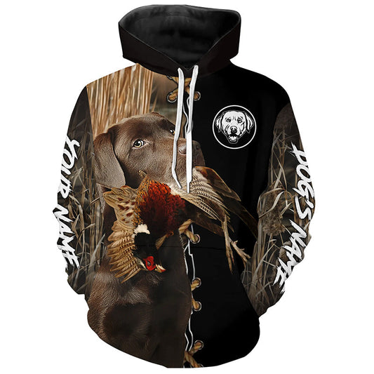Maxcorners Chocolate Labrador Retriever Hunting Dog Custom Name Hoodie Shirt for Hunter  | Pheasant
