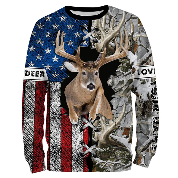 Maxcorners Custom Name White-tailed Deer Hunting US Flag Snow Camo Shirt 3D All Over Printed Clothes