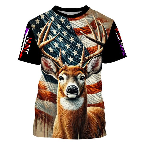 Maxcorners Deer Hunting American Flag Custom Name Shirt 3D All Over Printed Clothes