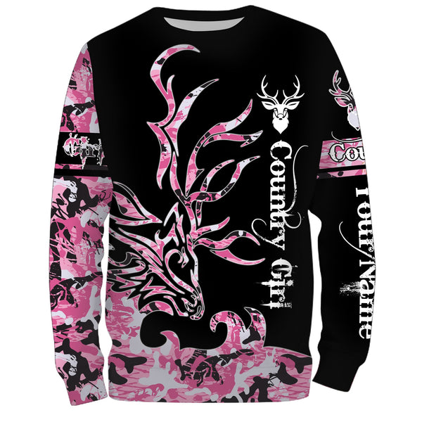 Maxcorners Custom Name Country Girl Deer Hunting Grunge Pink Camo 3D All Over Printed Clothes