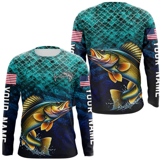 Maxcorners American Flag Walleye Fish Long Sleeve Performance Fishing Shirt Custom Angler Tournament Jersey LM0410