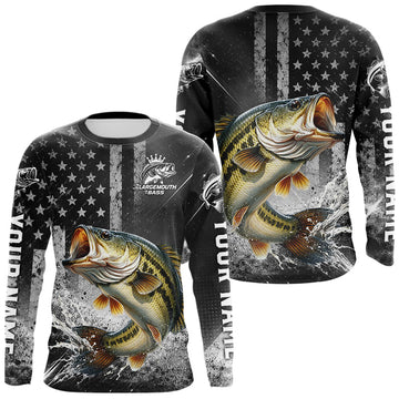 Maxcorners Gray Bass Custom Long Sleeve Fishing Shirts, American Flag Patriotic Bass Fishing Shirt LM0503