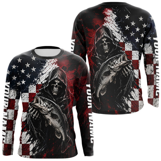 Maxcorners Grim Reaper Largemouth Bass Jersey – American Flag Patriotic Fisherman Long Sleeve Fishing Shirt LM0706