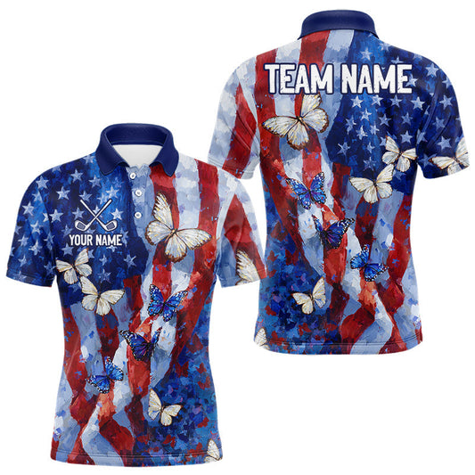 Maxcorners Personalized American Flag Butterfly Golf Polo Shirt – Custom Name Patriotic Team Apparel