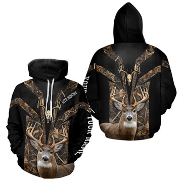 Maxcorners Brown Camo 3D Deer Hunting Hoodie For Men – Whitetail Buck Skull Design