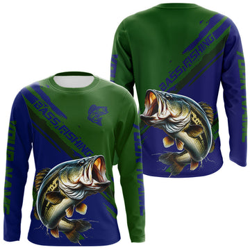 Maxcorners Green Blue Bass Fishing Shirt Long Sleeve Fishing Apparel For Men, Fishing Shirt For Fisher LM1005