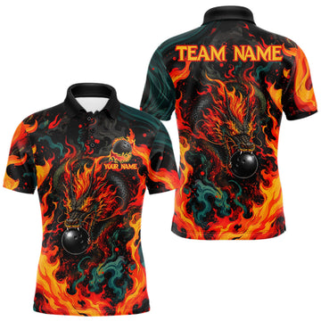 Maxcorners Dragon Bowling Polo Shirt Custom Name Team Fire Dragon Quarter Zip Jersey For Men