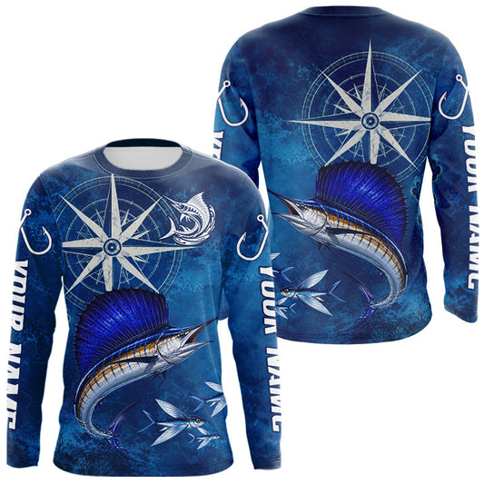 Maxcorners Sailfish Fishing Shirt Long Sleeve Gift For Men – Deep Sea Angler Ocean Compass Design LM0706