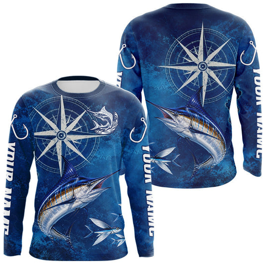 Maxcorners Marlin Fishing Shirt Long Sleeve Gift For Men – Deep Sea Angler Ocean Compass Design LM0706