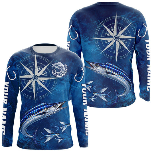 Maxcorners Wahoo Fishing Shirt Long Sleeve Gift For Men – Deep Sea Angler Ocean Compass Design LM0706