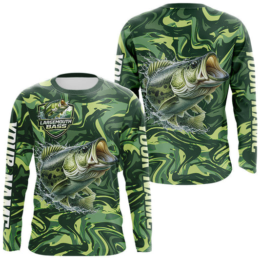 Maxcorners Largemouth Bass Fishing Shirts Long Sleeve Camo Green With Personalized Name LM1501
