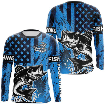 Maxcorners Bass Fishing American Camo Custom Name UV Protection Long Sleeves Shirt, Bass Fishing Jersey LM1203