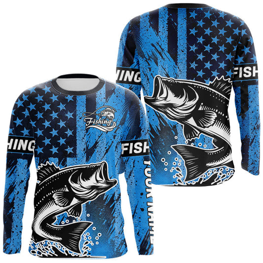 Maxcorners Bass Fishing American Camo Custom Name UV Protection Long Sleeves Shirt, Bass Fishing Jersey LM1203