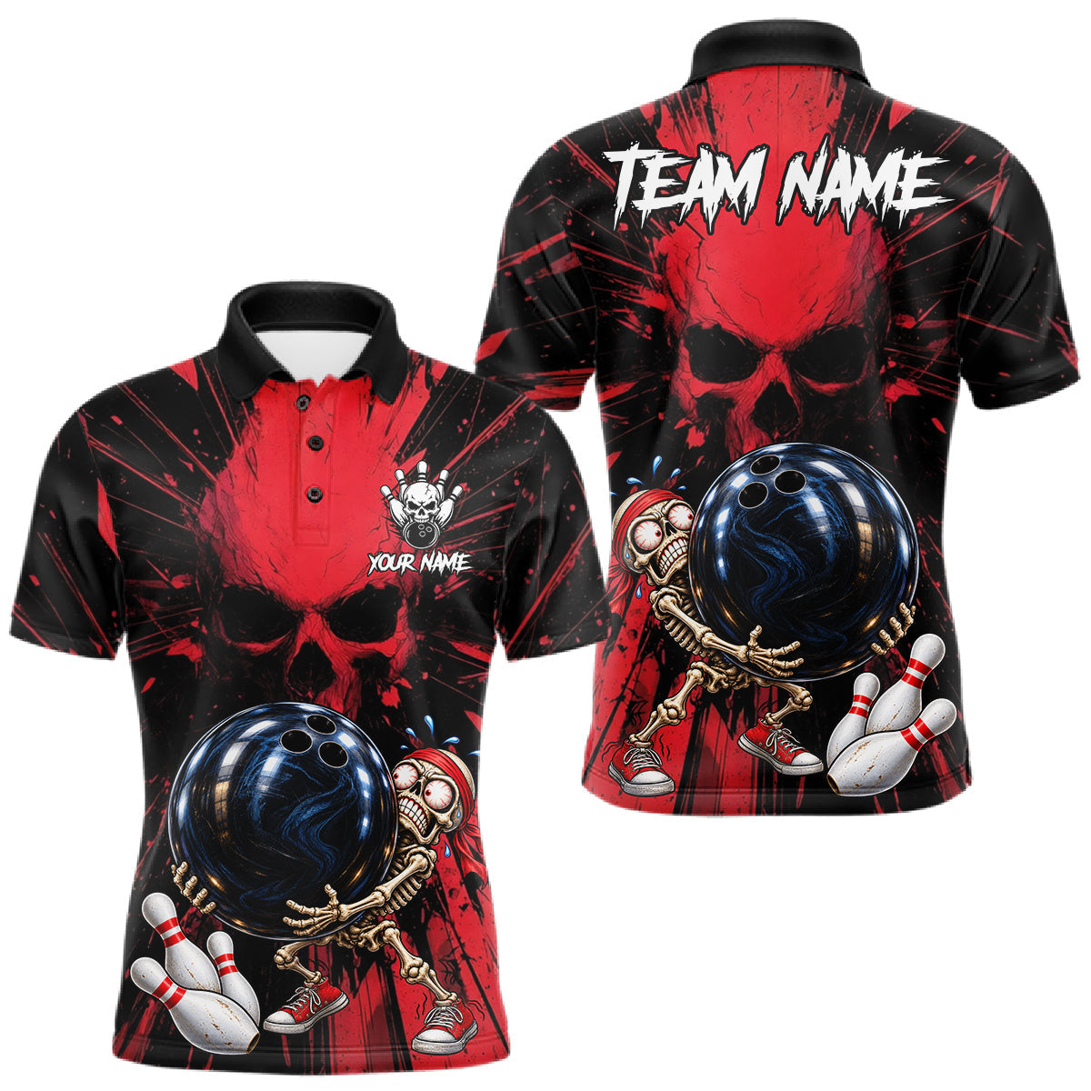 Maxcorners Funny Skull Bowling Shirt, Personalized Red Skeleton Bowling Polo For Bowling Teams For Men
