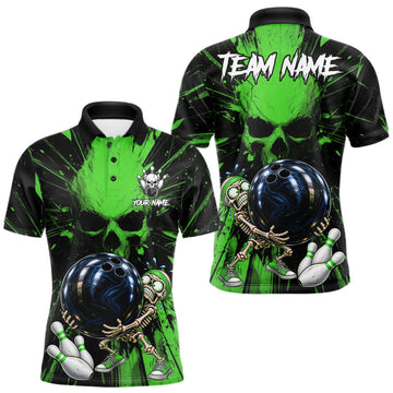 Maxcorners Funny Skull Bowling Shirt, Personalized Green Skeleton Bowling Polo For Bowling Teams For Men