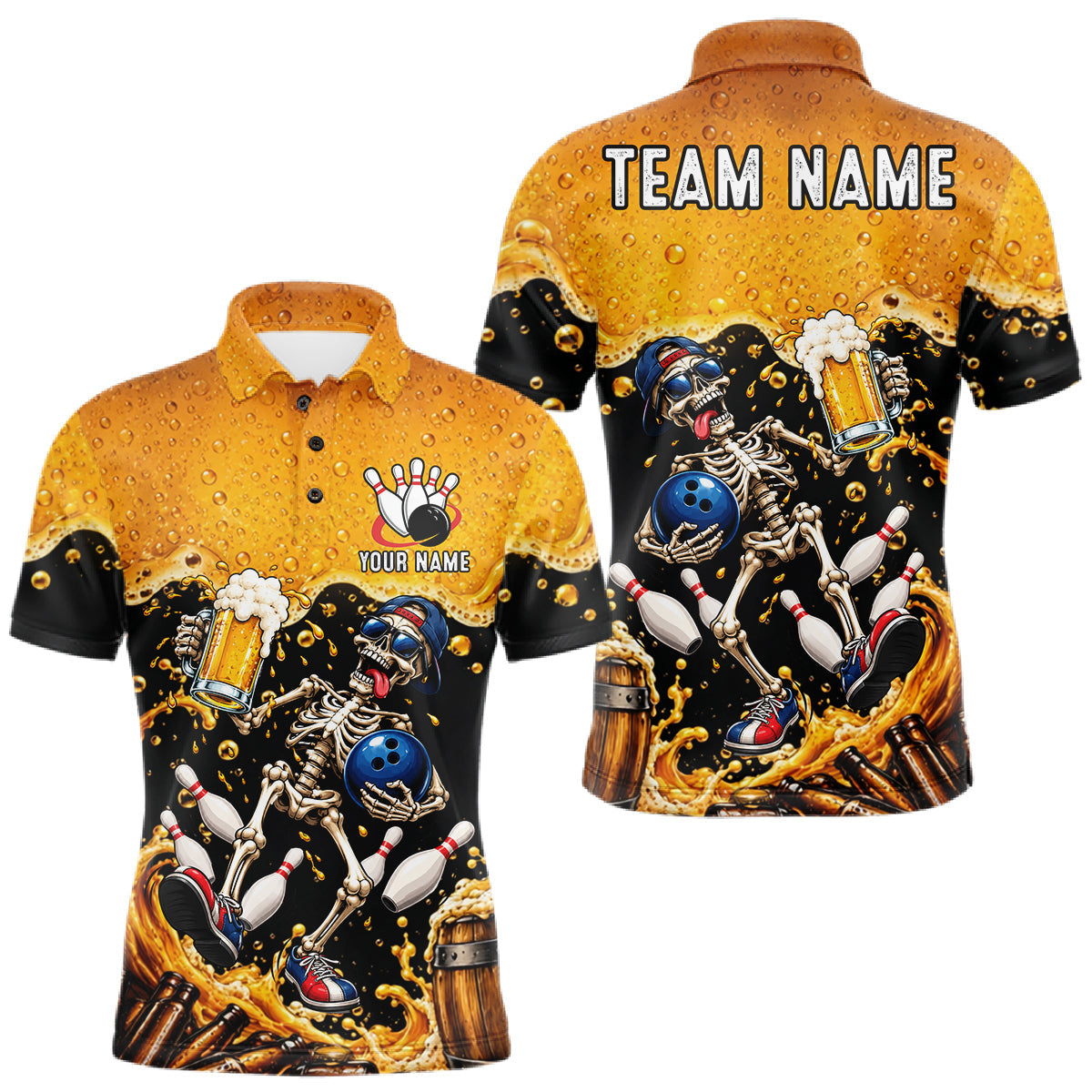 Maxcorners Personalized Bowling Shirt, Beer Skeleton Bowling Shirt With Custom Team Name For Men