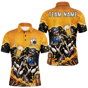 Maxcorners Personalized Bowling Shirt, Beer Skeleton Bowling Shirt With Custom Team Name For Men