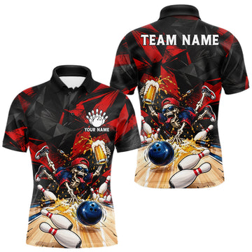 Maxcorners Personalized Bowling Shirt, Funny Skeleton Beer Bowling Shirt With Custom Team Name For Men