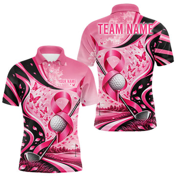 Maxcorners Breast Cancer Awareness Pink Black Men Golf Polo Shirt Custom Ribbon Butterfly Team Jersey