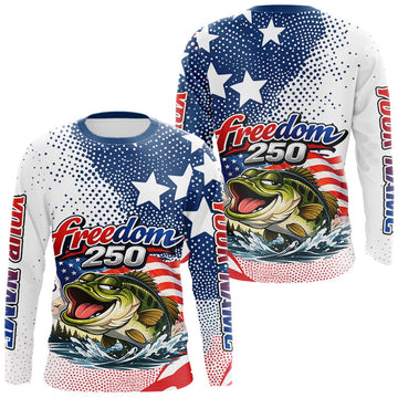Maxcorners Funny Bass Fishing Shirts Long Sleeve Freedom 250 American Flag, Fishing Gift LM1501