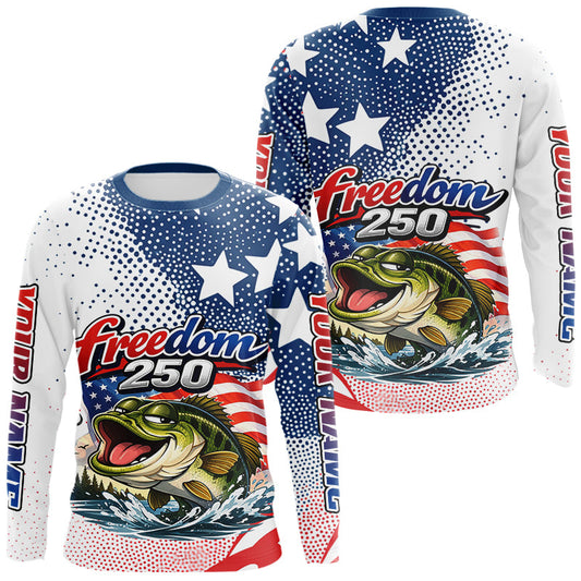 Maxcorners Funny Bass Fishing Shirts Long Sleeve Freedom 250 American Flag, Fishing Gift LM1501