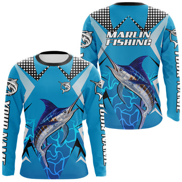 Maxcorners Marlin Fishing Blue Camo Custom Name Long Sleeve, Long Sleeve Fishing Shirt For Men LM2602