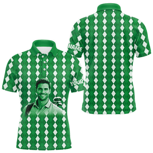 Maxcorners Mens Golf Polo Shirt Custom Photo Face Green Argyle Plaid Pattern, Father's Day Golfing Gifts LM1104