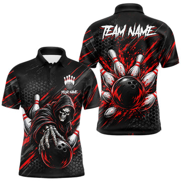 Maxcorners Custom Grim Reaper Bowling Shirt For Men, Personalized Red Paint Splatter Bowling Ball Polo