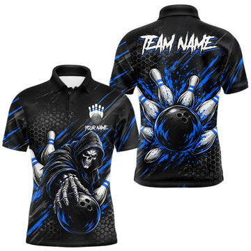 Maxcorners Custom Grim Reaper Bowling Shirt For Men, Personalized Blue Paint Splatter Bowling Ball LM0410