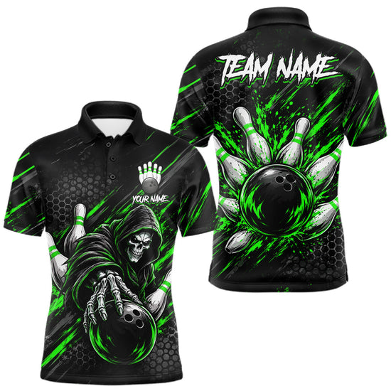 Maxcorners Custom Grim Reaper Bowling Shirt For Men, Personalized Green Paint Splatter Bowling Ball
