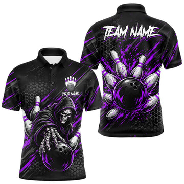 Maxcorners Custom Grim Reaper Bowling Shirt For Men, Personalized Purple Paint Splatter Bowling Ball LM0410