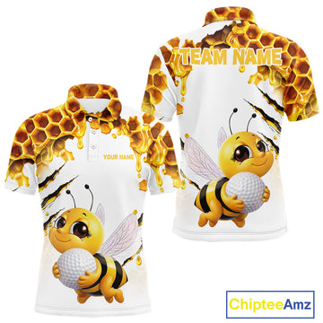 Maxcorners Custom Cute Honey Bee Golf Lover White Men Polo Shirt, Personalized Honey Bee Golf Tops