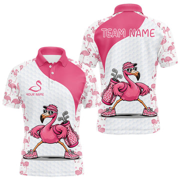 Funny Pink Flamingo Mens Golf Polo Shirt Custom Pink And White Golf Shirt For Team LM1203