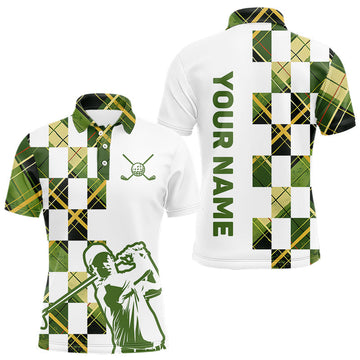 Personalized Green Tartan Plaid Mens Golf Polo Shirt, Custom Name Golf Shirt For Team LM1203
