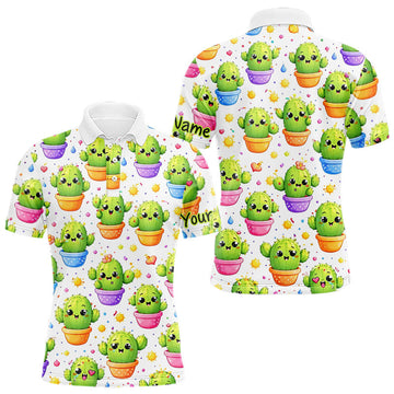 Funny Cactus Flower Pattern Golf Polo, Cute Cartoon Plant Shirt Personalized, Colorful Succulent Shirt LM1203