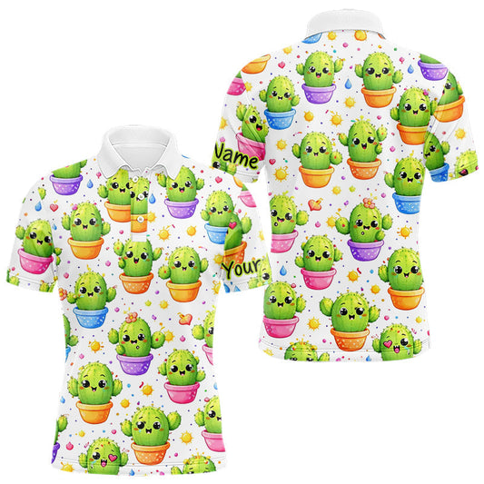 Funny Cactus Flower Pattern Golf Polo, Cute Cartoon Plant Shirt Personalized, Colorful Succulent Shirt LM1203