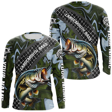 Maxcorners Largemouth Bass Fishing Shirts Long Sleeve Abstract Green Camo Performance Jersey For Men LM1705
