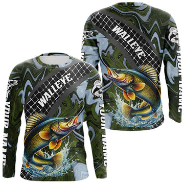 Maxcorners Walleye Fishing Shirts Long Sleeve Abstract Green Camo Performance Jersey For Men LM1705