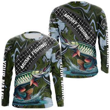 Maxcorners Northern Musky Fishing Shirts Long Sleeve Abstract Green Camo Performance Jersey For Men LM1705