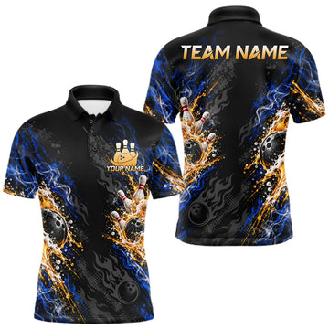 Maxcorners Blue Fire Flame Bowling Polo Shirt For Men Custom Black Team Tournament Jersey