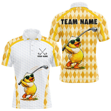 Maxcorners Custom Yellow & White Funny Duck Golf Shirt For Mens, Golf Jersey Argyle Pattern For Mens